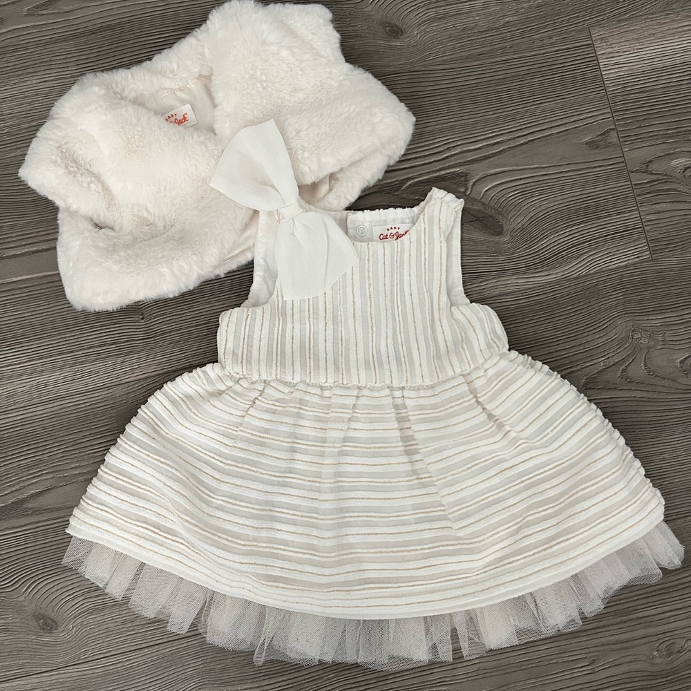 Cat & Jack Ivory Layered Tulle Dress with Bow and Faux Fur Bolero